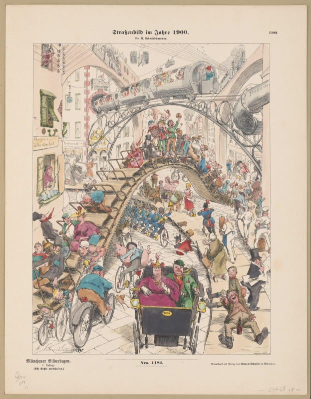 Ein sepiafarbenes Bild einer überfüllten Bahnstation aus dem Jahr 1900, eingerahmt von einem Foto, zeigt besorgte Menschen, die nach oben zu einem Zug und nach unten auf den Boden schauen.