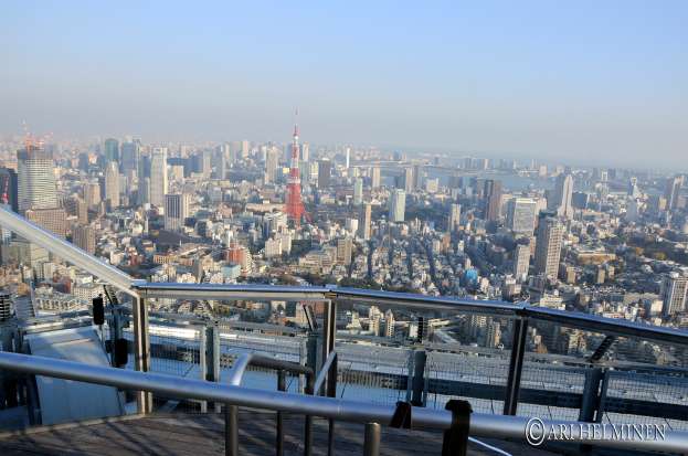 Luftaufnahme einer Stadt mit einem Metallstabzaun im Vordergrund, Gebäuden und einem Fluss, mit Text am unteren Bildrand.