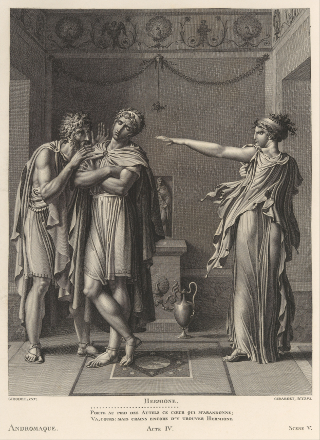 Eine Schwarz-Weiß-Gravur eines Mannes und einer Frau, die nebeneinander in einem Raum stehen, mit Text unten und der Mann trägt Schuhe.