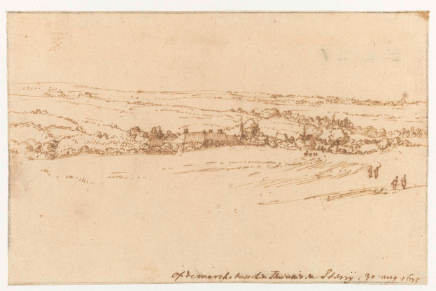 Eine Zeichnung eines Feldes mit einem Haus in der Ferne, umgeben von Bäumen und Menschen, mit dem Text "Rembrandt Harmensz van Rijn - Landschaft mit einem Hof" unten.