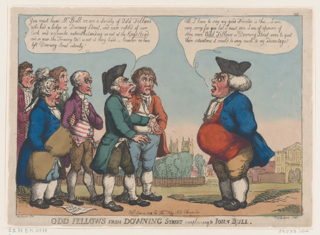 Cartoon darstellend eine Gruppe von Menschen vor einem Gebäude, Bäumen und einem Himmel, mit Text unten lesend "odd fellows from downing street complaining to John Bull".