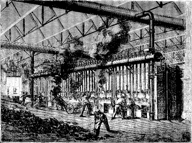 Schwarz-weiß-Illustration einer geschäftigen Stahlfabrik der 1910er Jahre mit Arbeitern, Maschinen und Industrieausrüstung.