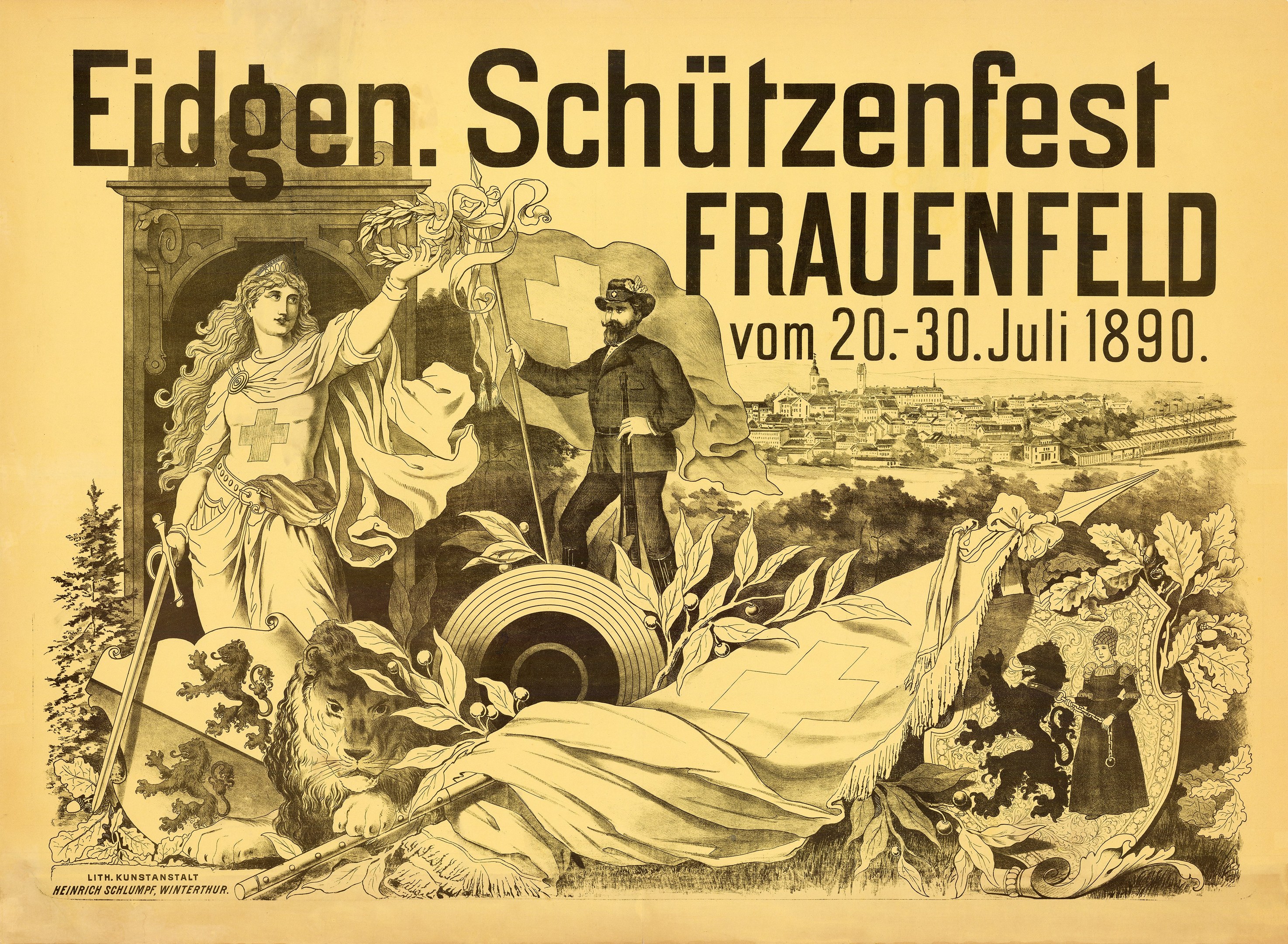 Plakat zum Eidgen Schützenfest in Frauenfeld, Deutschland, mit einem Mann im Anzug und einer Frau im Kleid sowie Veranstaltungstext