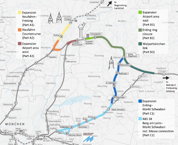 Eine detaillierte Karte einer Stadt mit einer hervorgehobenen Bahnroute von München nach Frankfurt, die Haltestellen und die umliegende Gegend mit zusätzlichen Bahninformationen zeigt.