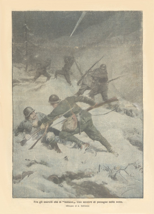 Eine Gruppe von Soldaten im Schnee, die Helme tragen und Waffen halten, mit Text unten auf dem Bild.