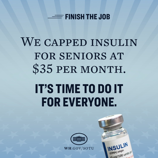 Ein Plakat mit einem Insulinfläschchen und dem Text "Wir haben Insulin für Senioren auf 35 Dollar pro Monat begrenzt. Es ist Zeit, das für alle zu tun."