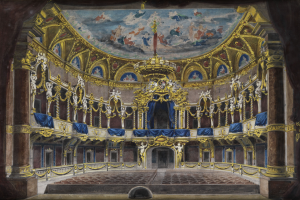 Ein Gemälde eines Theaterinneren mit einer prächtigen, kunstvoll verzierten Decke, verzierten Wänden mit Säulen, Geländern und Vorhängen und einem Teppichboden, gekrönt von einem zusätzlichen Gemälde.