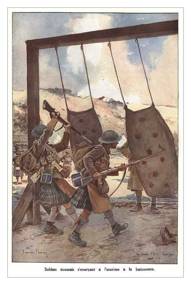 Eine Gruppe von Soldaten in Kilts, einige mit Taschen und einer mit einer Waffe, mit einem bewölkten Himmel im Hintergrund und Text unten, der "Soldats écossais s'exerçant à l'escrime à la baïonnette" lautet.