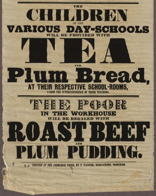 Ein Blatt Papier mit der Aufschrift "Die Kinder der verschiedenen Tagesschulen erhalten Tee, Pflaumenbrot und Rinderbraten sowie Pflaumenpudding"