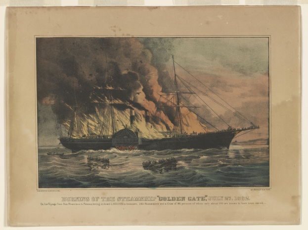 Ein brennendes Dampfschiff namens "Golden Gate" mit dickem Rauch, umgeben von anderen Schiffen auf dem Wasser, mit der Beschriftung "Brand des Dampfschiffs Golden Gate" unten.
