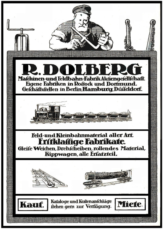 Werbeplakat für die R.D. Dolberg-Fabrik in Hamburg, Deutschland, mit Text und Abbildungen einer Person, eines Zuges und weiterer Gegenstände.