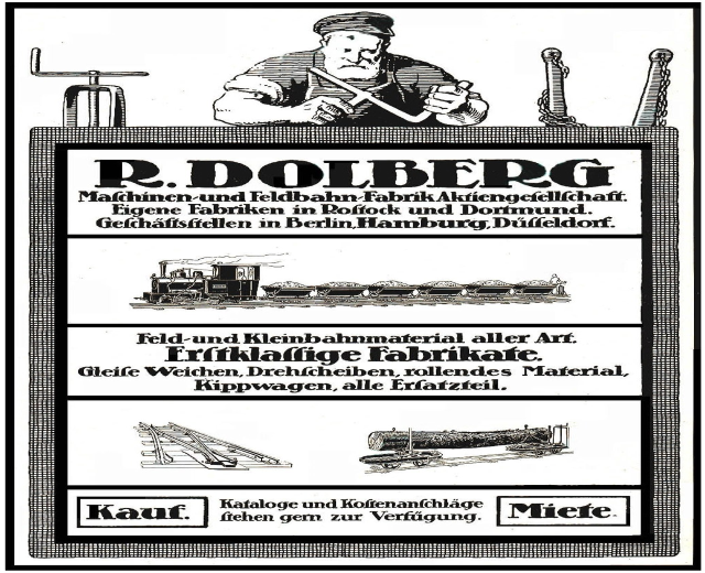 Werbeplakat für die R.D. Dolberg-Fabrik in Hamburg, Deutschland, mit Text und Abbildungen einer Person, eines Zuges und weiterer Gegenstände.