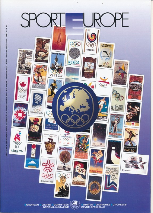 Ein Buchumschlag mit dem Titel "Sport in Europa", der lebendige olympische Motive, Texte und Symbole aus europäischen Spielen zeigt.