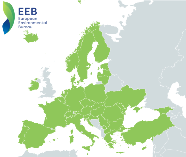Eine Europa-Karte mit dem Logo des European Environmental Bureau links oben, in verschiedenen Grüntönen schattiert.