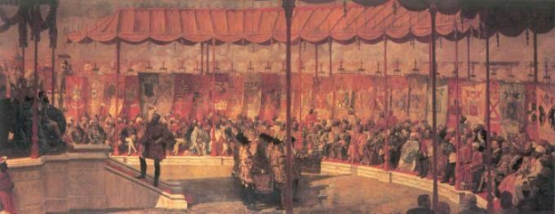 Gemälde einer vollen Theateröffentlichkeit in Opernkleidung, einige stehen und einige sitzen, mit sichtbaren Buhnenpfeilern, Vorhängen und Boden.
