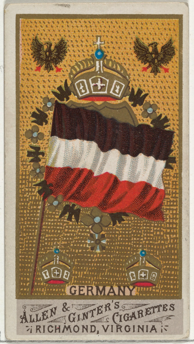 Alte Zigarettenkarte mit deutscher Flagge mit weißem Kreuz auf rot-weiß-blauem Hintergrund, beschriftet mit "Deutsch" in schwarzer Schrift.