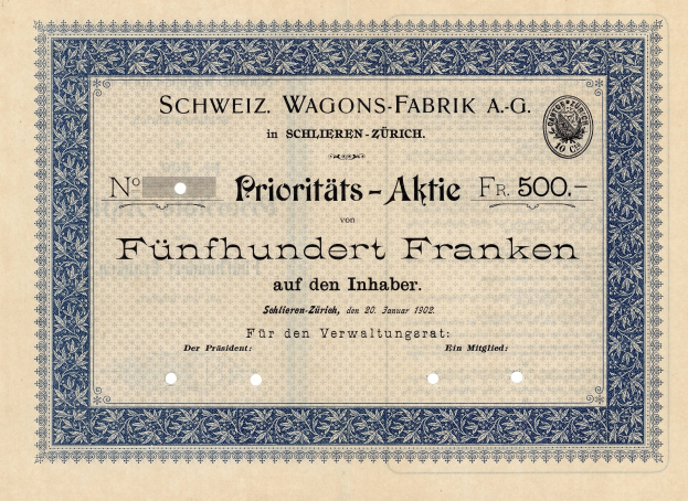Ein altes deutsches Aktienzertifikat mit einem blauen Rand und der Aufschrift "Schweiz Wagons-Fabrik A.G." darauf.