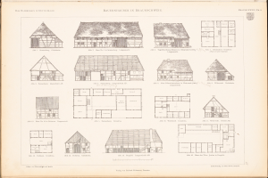 Ein aufgeschlagenes Buch mit detaillierten Plänen und Zeichnungen verschiedener einzigartig gestalteter Häuser, begleitet von beschreibendem Text.
