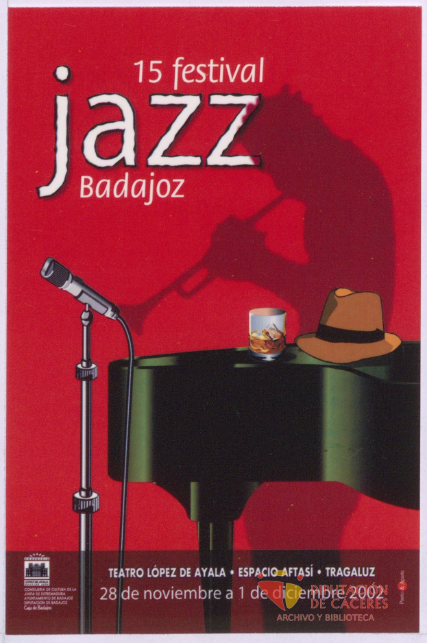 Plakat für das 15. Festival Jazz Badajoz mit Mikrofon, Hut und Glas auf einem Tisch.