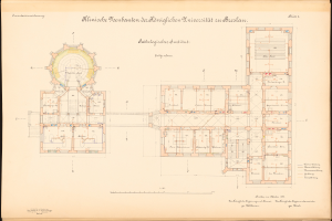 Eine detaillierte Zeichnung des Universitätsgebäudes Dresden mit einem Grundriss und begleitendem Text.