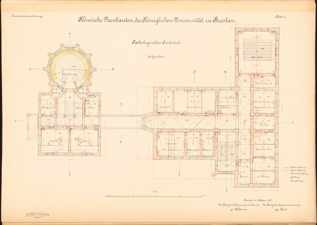 Eine detaillierte Zeichnung des Universitätsgebäudes Dresden mit einem Grundriss und begleitendem Text.