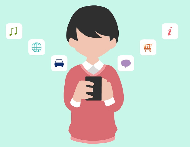 Animierter Mensch mit einem Smartphone, aus dem App-Icons herauskommen, symbolisieren den mobilen Online-Einkauf.