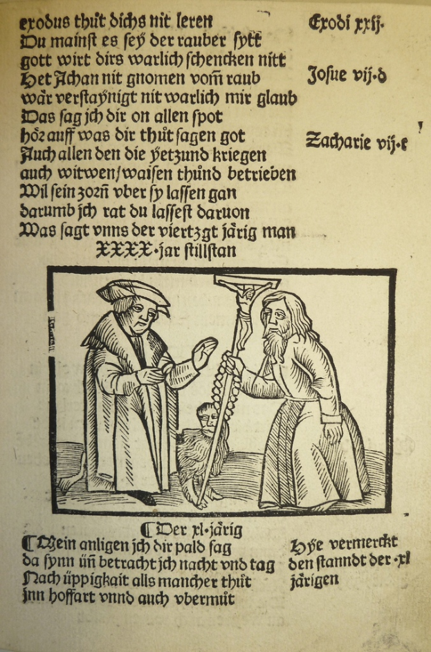 Ein Blatt mit Text in einer unbekannten Sprache, das zwei stehende Männer zeigt, möglicherweise aus einem Lehrbuch.