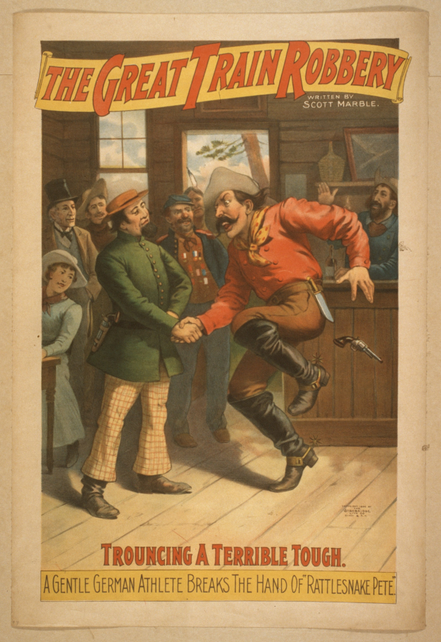 Ein Plakat, das eine Gruppe von Menschen zeigt, die drinnen stehen, einer hält eine Waffe, mit Text oben und unten: "Der große Zugraub - Trouching ein Schreckliches Tough".