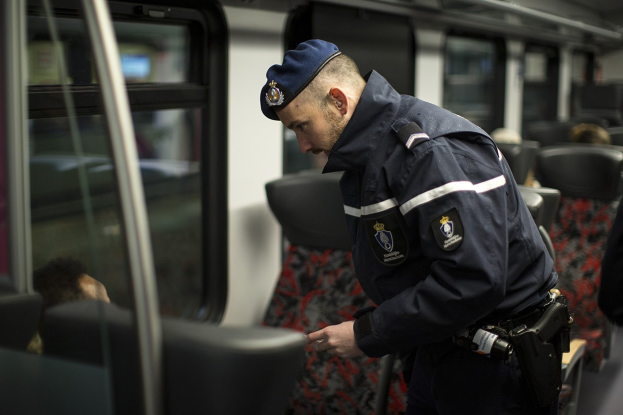 Ein Polizist in Uniform und Mütze steht in einem Zug, schaut auf sein Handy, mit sitzenden Passagieren und einer weiteren stehenden Person im Bild.