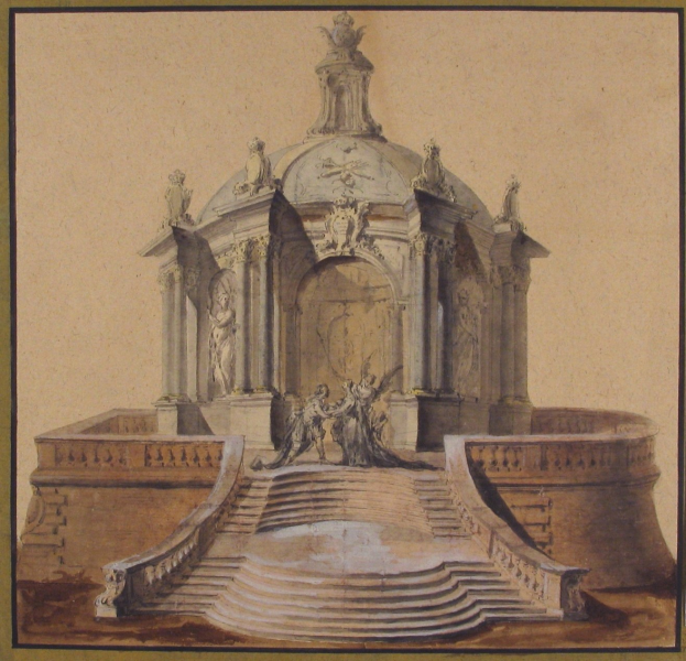 Zeichnung eines Brunnens mit einer Statue darauf, umgeben von Stufen und Skulpturen.