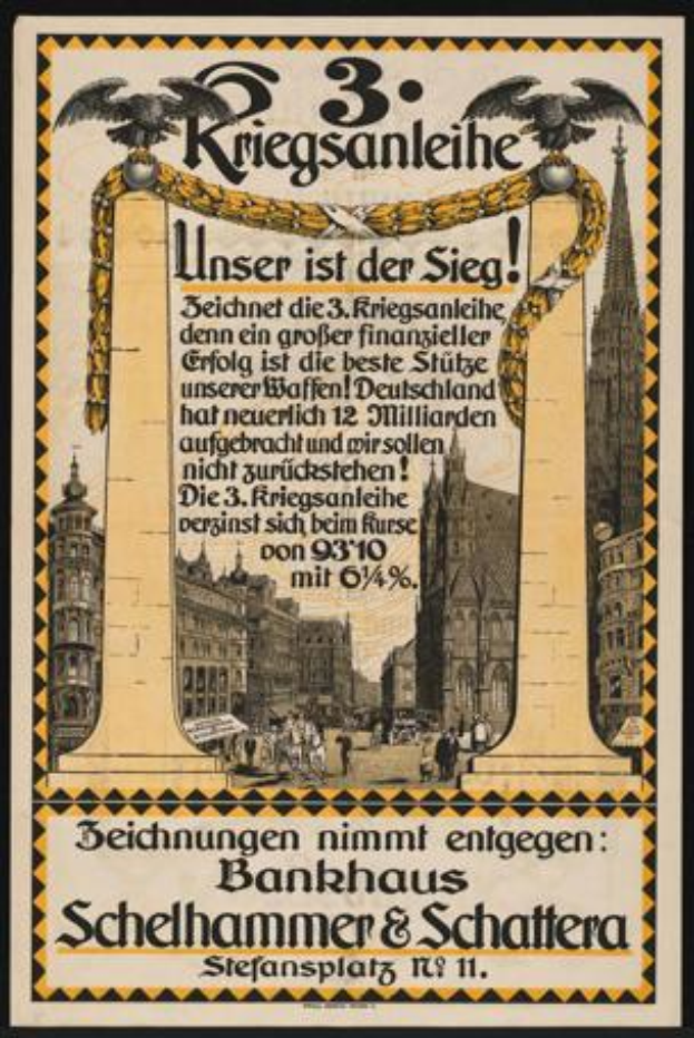 Ein gerahmtes altes deutsches Propagandaplakat mit einer Stadtansicht, Gebäuden, Menschen und Text zur Förderung der 3. Reichsbanleihe.