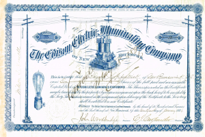 Ein blau-weißer Aktienchein von der Edison Electric Illuminating Co. aus New Brunswick, mit einem Bild einer Bahn und Text, der Unternehmensdetails enthält.