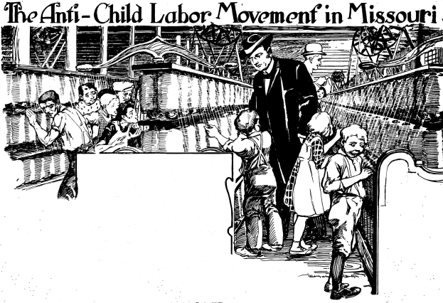 Plakat mit der Aufschrift "Die Anti-Kinderarbeit-Bewegung in Missouri" zeigt besorgte Menschen in traditioneller Kleidung, einige stehen, andere sitzen, mit Text oben und unten.