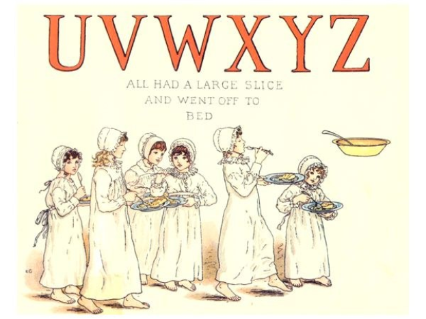 Eine Gruppe von Menschen mit Tellern voller Essen, mit einer Schüssel und Löffel auf der rechten Seite und Text oben mit der Aufschrift "Uwxyz - Alle hatten ein großes Stück und gingen ins Bett."