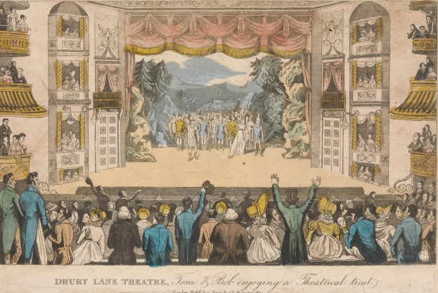 Eine Menschenmenge steht vor einer Bühne im Drury Lane Theatre in London, mit Vorhängen, Bäumen, Hügeln und einem Himmel als Hintergrund; Text unten lautet "James & Bob genießen einen Theaterkopf".