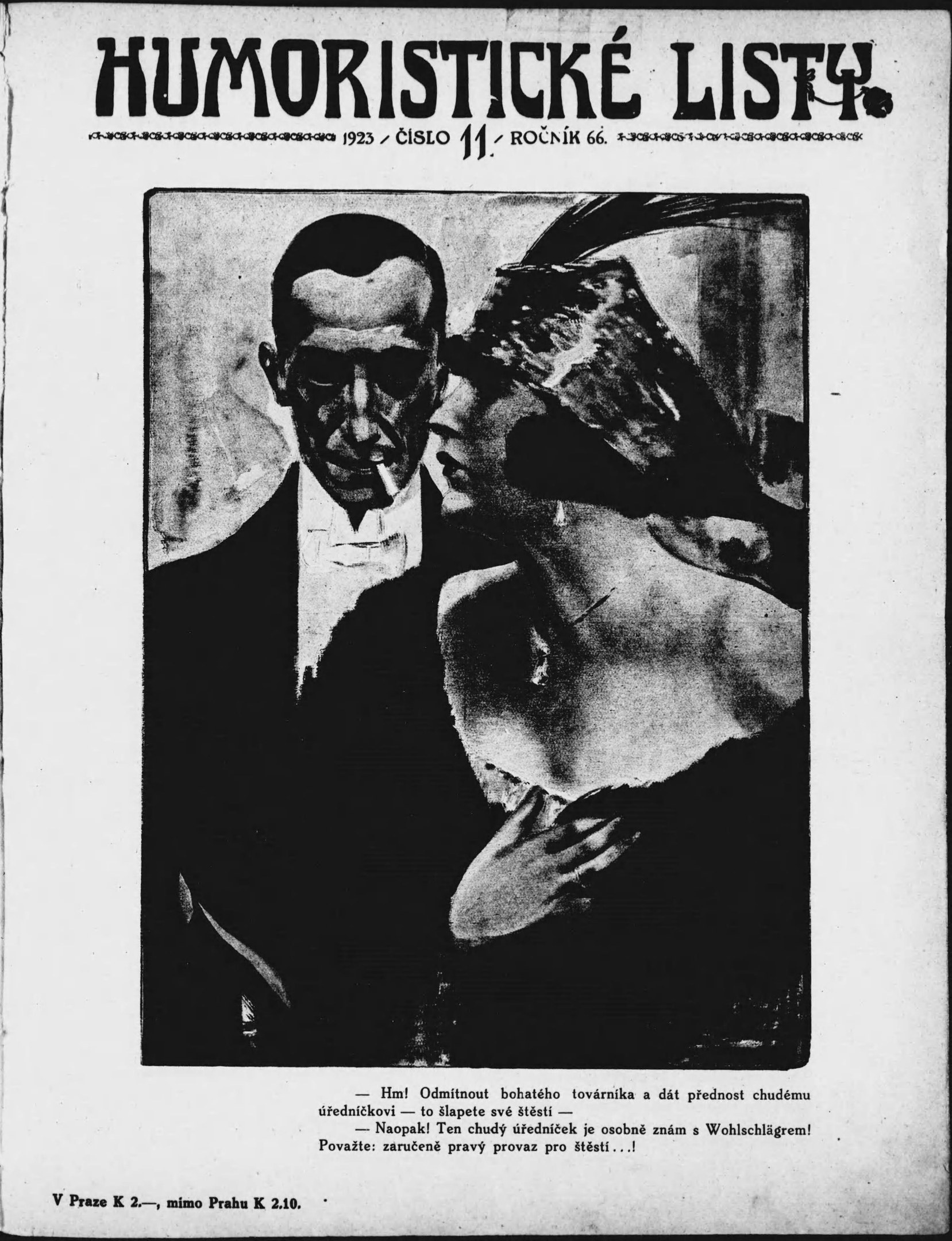 Schwarze und weiße Zeitschriftentöter mit der überschrift 'Humoristische Liste', auf der ein Mann im Anzug mit ernster Miene und eine Frau mit einem spitzböigen Grinsen zu sehen ist.