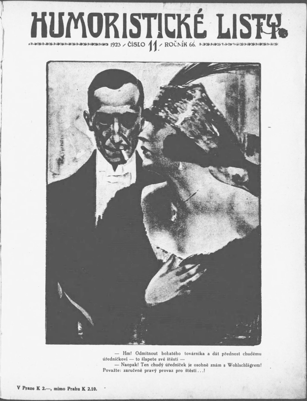 Schwarze und weiße Zeitschriftentöter mit der überschrift 'Humoristische Liste', auf der ein Mann im Anzug mit ernster Miene und eine Frau mit einem spitzböigen Grinsen zu sehen ist.