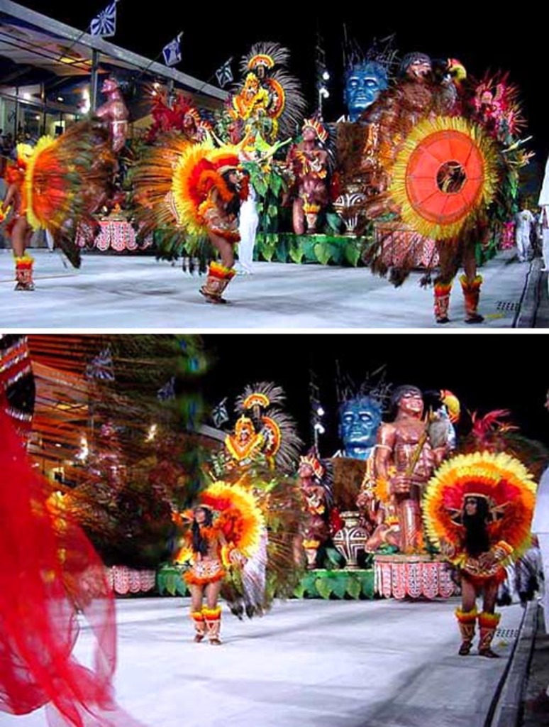 Eine Collage mit Menschen, die auftreten, einer Statue und einem Gebäude.