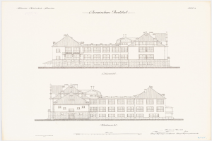 Eine handgezeichnete Skizze des Chemistes Institut-Gebäudes in den Niederlanden, das viele Fenster hat, auf einem Papier mit zusätzlichem Text.
