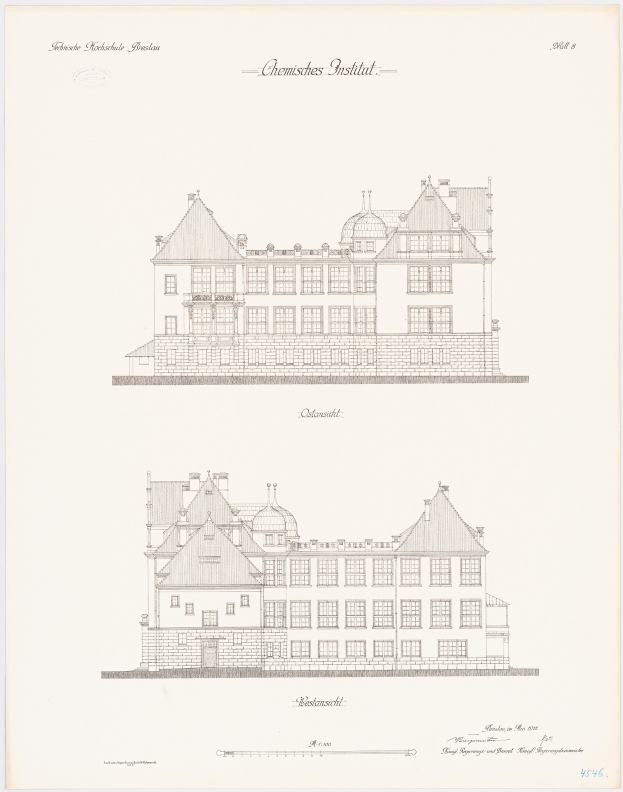 Eine handgezeichnete Skizze des Chemistes Institut-Gebäudes in den Niederlanden, das viele Fenster hat, auf einem Papier mit zusätzlichem Text.