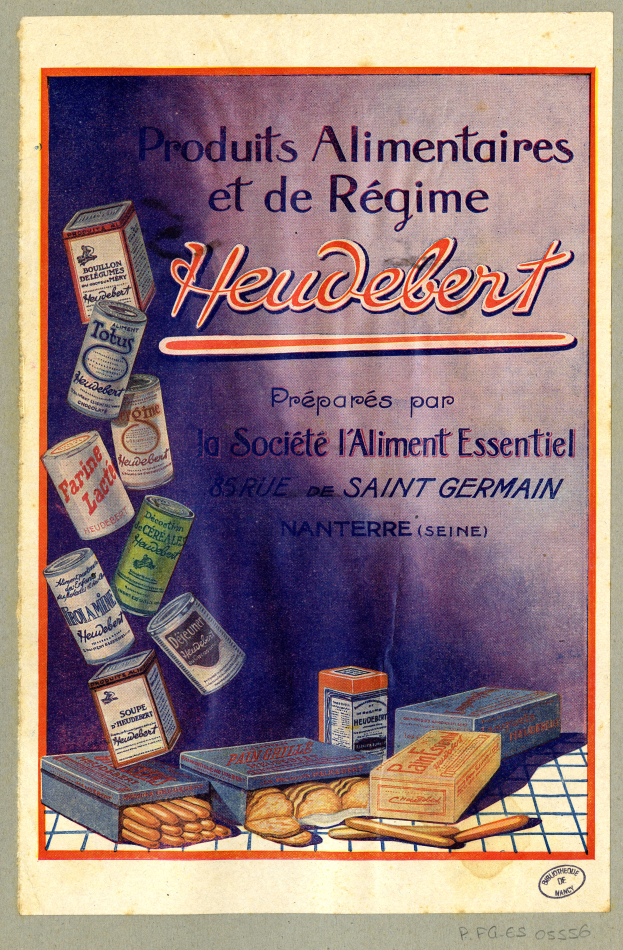 Ein Plakat, das verschiedene Lebensmittel, darunter Schachteln, zeigt, mit der Aufschrift "Heidelberg - Produkte Alimentaires et de Régime Heidelberg".