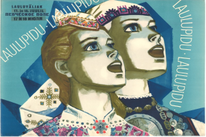 Ein Plakat für den Film "Laulupidu" mit zwei Frauen in traditioneller russischer Kleidung, eine in einem weißen Kleid und die andere in einem blauen Kleid, die nebeneinander vor einem tiefblauen Hintergrund mit funkelnden Sternen stehen.