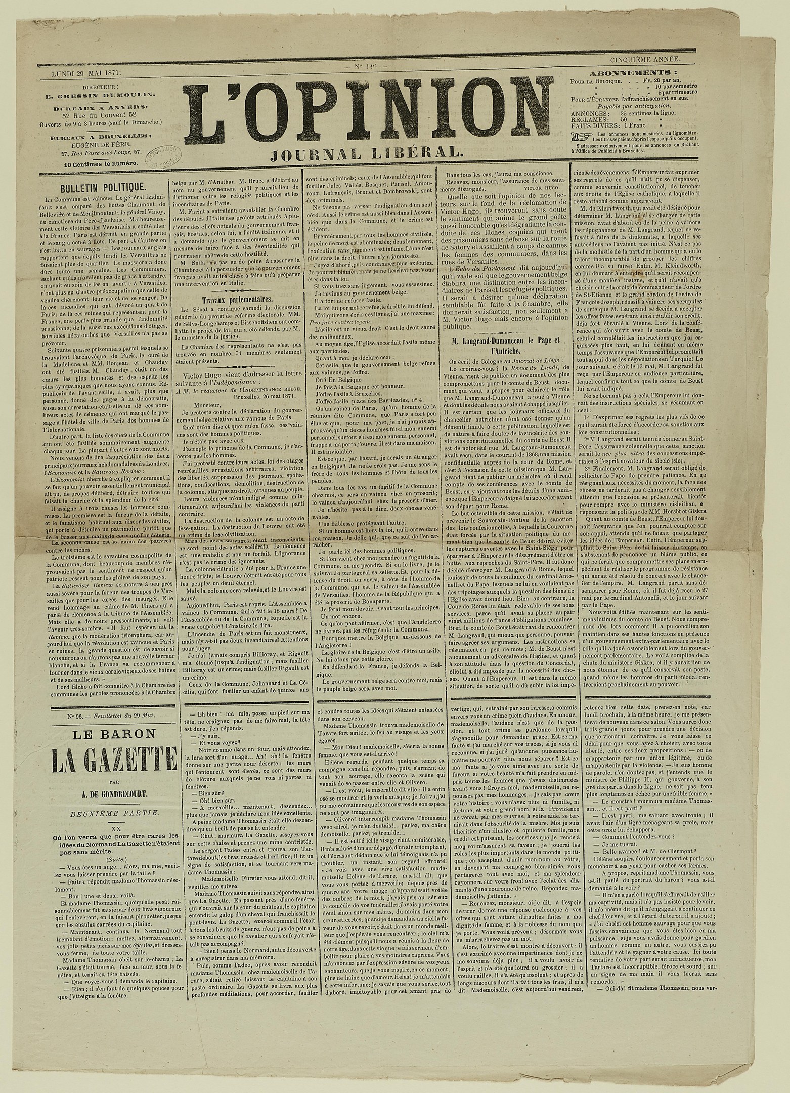 Alte Zeitungsvorderseite mit der Überschrift "L'opinion" auf gelblich verfärbtem Papier und schwarzer Tinte.