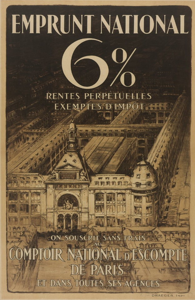 Ein Plakat mit einem zweistöckigen Gebäude mit rotem Dach und weißen Wänden und der fetten, schwarzen Schrift "emprunt national 6% - rentes perpetuelles exemptes impot" auf einem hellblauen Hintergrund.