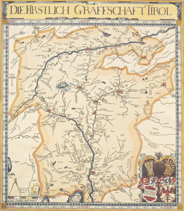 Plakat einer historischen Karte der ersten Grafschaft Tirol, das geografische Merkmale wie Flüsse, Berge und Städte zeigt, mit begleitendem Text über die Region.