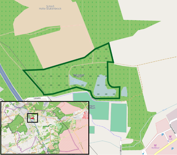 Eine Stadtkarte mit einem grünen Bereich in der Mitte, der einen geplanten Standort zeigt, mit Grenzen von Gebäuden, Straßen und anderen Stadtmerkmalen.