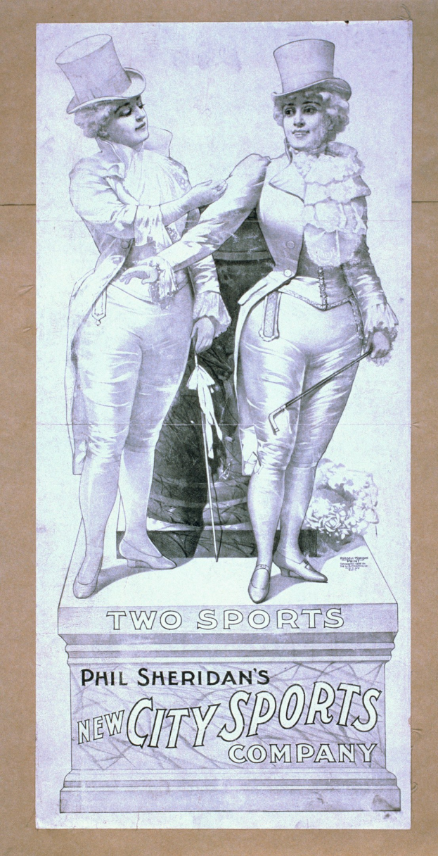 Plakat für die neue Stadt-Sportfirma von Phil Sheridan mit zwei Personen nebeneinander und Textbeschreibung der Firma und ihrer Dienstleistungen.