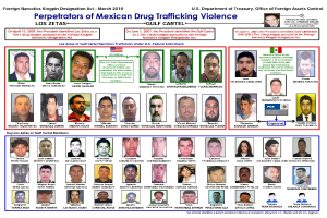 Plakat mit der Aufschrift "Täter mexikanischer Drogenhandelsgewalt" mit Abbildungen verschiedener Personen mit ernsten Gesichtern vor einem hellblauen Hintergrund.