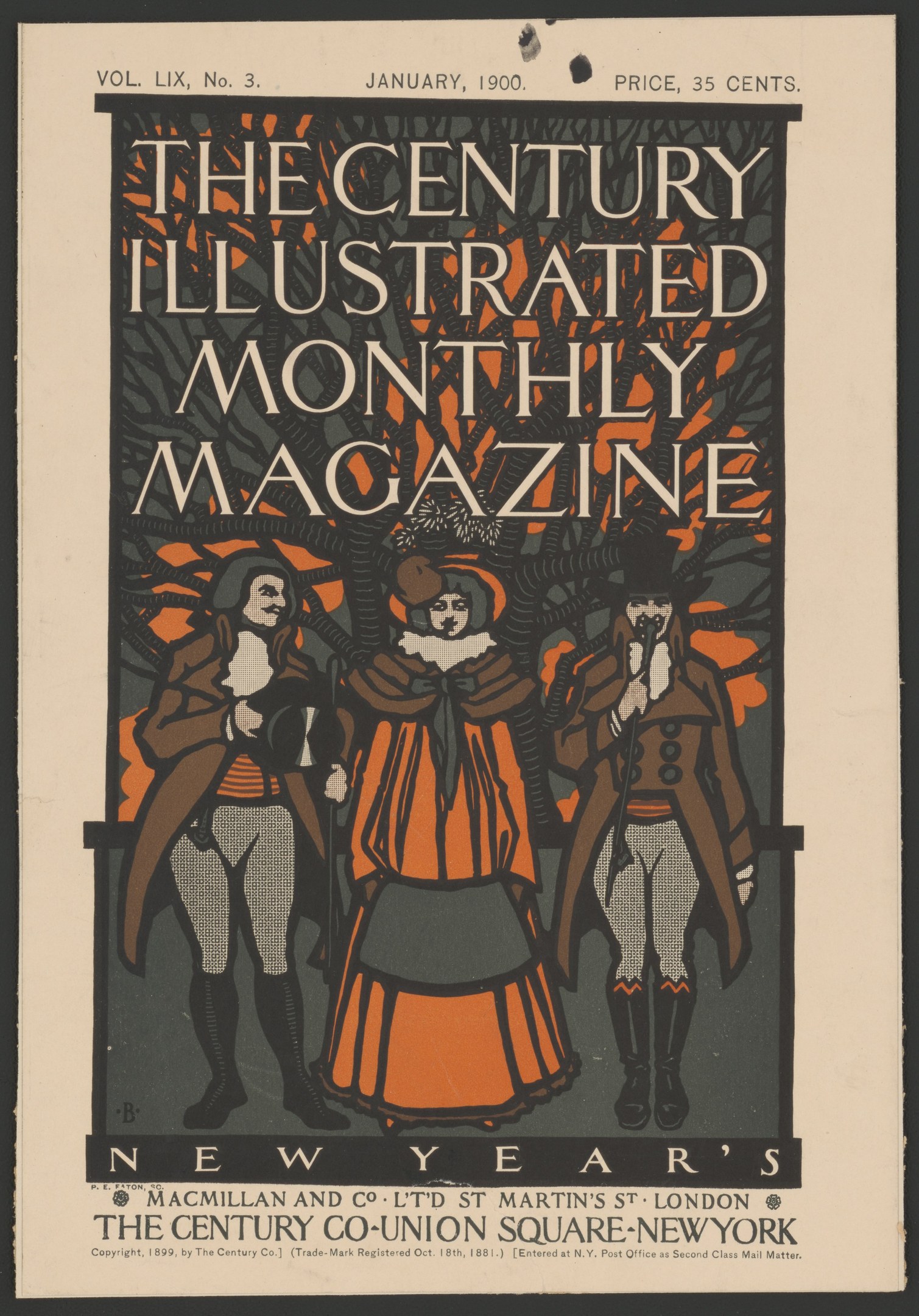 Plakat mit schwarzem Hintergrund, betitelt 'The Century Illustrated Monthly Magazine, January 1900', mit Menschen in historischer Kleidung und einem dekorativen Rahmen um den Text.
