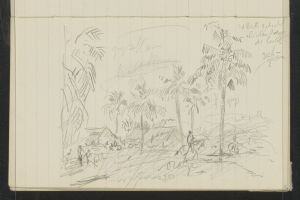 Ein offenes Skizzenbuch zeigt eine Zeichnung einer Gruppe von Menschen, die in einem üppigen, grünen Dschungel mit hohen Bäumen, einem tiefblauen Himmel mit vereinzelten weißen Wolken und einer strahlenden Sonne stehen.